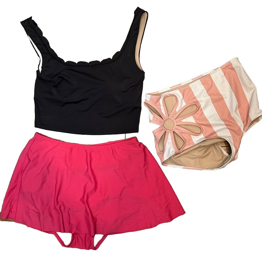 Kortni Jeane Swimsuit Small Medium Pink Black White Cut Out Flower Skirt Top - Picture 1 of 16